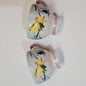S/2 Anthropologie Raven Roxanne Songbird 15.25 oz Ceramic Mugs w/ Lilac Handles